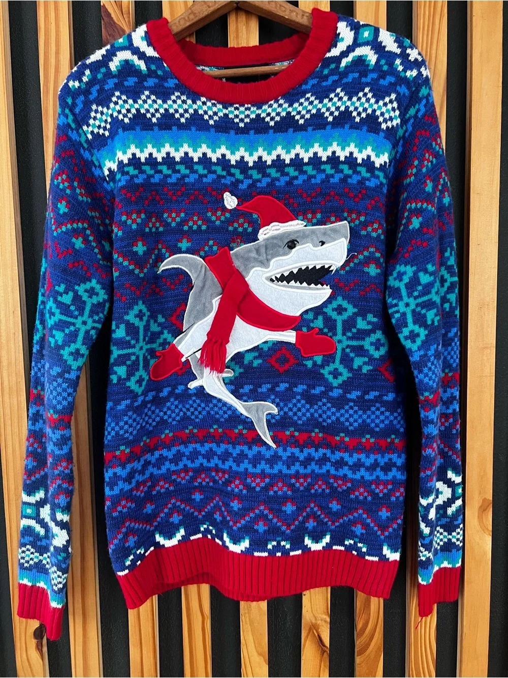 Men's Blue Holiday Shark Knit Sweater - Red Accent